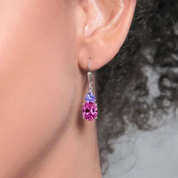 925 Sterling Silver with 7.30 Cttw Pink Sapphire and Tanzanite Drop Earrings